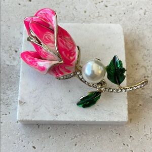 Macy's Pink and Green Floral Brooch with Pearl Accent